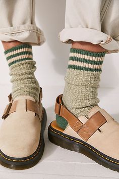 Keep cozy in these so soft knit socks. **Fit:** Crew length **Features:** Marled design, striped trim, and contrasting toe and heel details **Why We | Jackson Cozy Stripe Socks at Free People in Sage White Rehearsal Dress, Flat Platform Sandals, Stripe Socks, Silk Bottoms, Cozy Socks, Sneaker Slippers, Sneaker Dress Shoes, Striped Socks, Fashion Socks