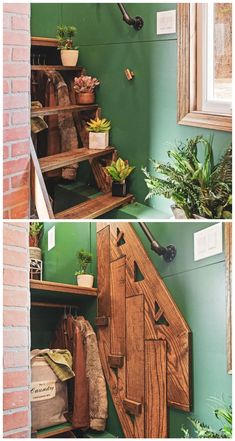 two pictures of the inside of a room with green walls and wooden shelves filled with potted plants