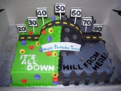 a birthday cake decorated to look like a race track with flowers and numbers on it