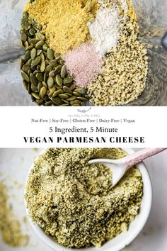 the ingredients for vegan parmesan cheese are shown in two separate bowls, one with