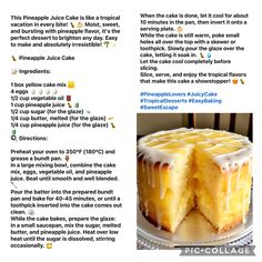 a recipe for a pineapple cake with white frosting on top and an image of the inside