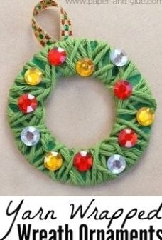 yarn wrapped wreath ornament with text overlay