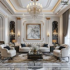 an elegant living room with marble flooring and chandelier hanging from the ceiling