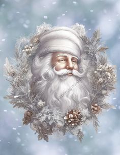 a painting of santa claus with snow and pine cones around his neck, wearing a white hat