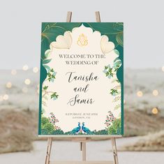 an easer with a sign on it that says welcome to the wedding of tanisha and james