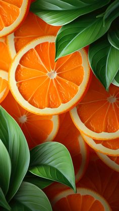 orange slices with leaves on them are arranged in a pattern that looks like it has been sliced