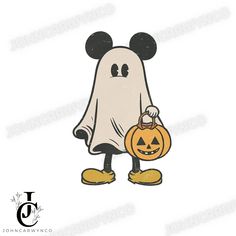 mickey mouse in a ghost costume holding a pumpkin