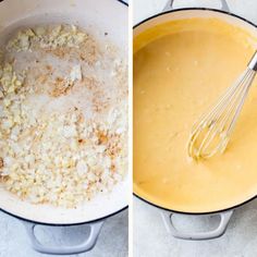 two images side by side showing the same batter being stirred in a skillet and then mixed with other ingredients