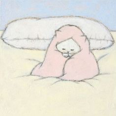 a pastel drawing of a pink teddy bear laying in bed under a white pillow