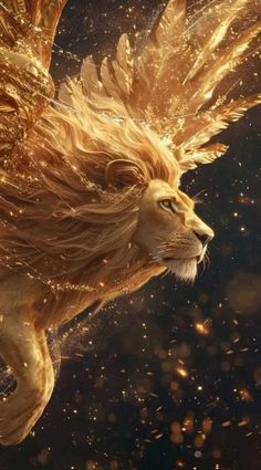 a golden lion with wings flying through the air in front of stars and sparkles