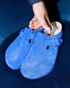 Ultra Blue Birkenstock Boston, Blue Birkenstock Boston, Blue Boston Birkenstocks, Blue Birkenstocks Outfit, Berken Stocks Shoes, Blue Birkenstocks, Boston Birks, Boston Birkenstock, Blouse Accessories