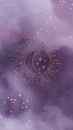 the moon and stars are painted in gold on purple watercolor paper with white clouds