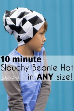 a young boy wearing a black and white hat with the words 10 minute slouchy beanie hat in any size