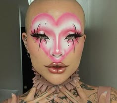 Crazy Pink Makeup, Valentine Clown Makeup, Heart Face Makeup Look, Clown Makeup Heart, Valentines Makeup Ideas Creative, Clown Drag Makeup, Avant Garde Makeup Creative, Heart Clown Makeup, Pastel Clown Makeup