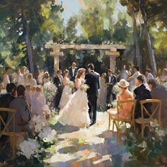 a painting of a bride and groom walking down the aisle to their wedding ceremony at an outdoor venue