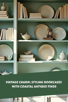 an open bookcase with books and plates on it