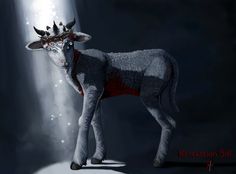 a painting of a goat with antlers on it's head standing in the dark