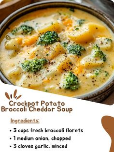 broccoli potato cheddar soup in a bowl with instructions on the side