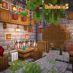 a minecraft living room with lots of furniture and decorations on the walls, along with plants