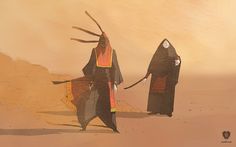 two people dressed in black and orange are walking through the desert with their hands on each other's backs