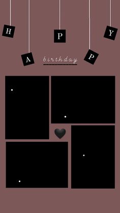 a birthday card with black squares and hearts hanging from strings