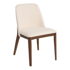 a white upholstered chair with wooden legs on an isolated background, viewed from the front