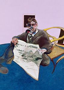 a painting of a man sitting on top of a blue chair holding a paper in his hand