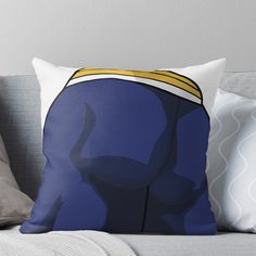 a blue man with yellow stripes on his chest sitting on a couch thrower pillow