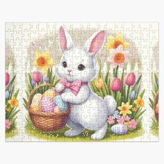 a jigsaw puzzle with an image of a white rabbit holding a basket full of eggs