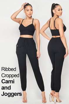 Keep it chic and comfy at your workout sessions or on the summer day outs in this cami and jogger set consisting of a ribbed cropped cami with thin straps and a slim-fit, stretchy jogger. #joggers #camijoggersets #joggersets #camis #croppedtop Summer Denim Outfits, Joggers Set, Workout Session, Cropped Cami, High Waist Bottoms, Jogger Set, Summer Day, Denim Outfit, Popular Style