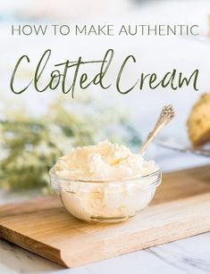 a bowl filled with whipped cream on top of a wooden cutting board