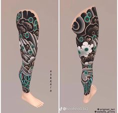 two images of the same arm and leg with different designs on each arm, one showing an