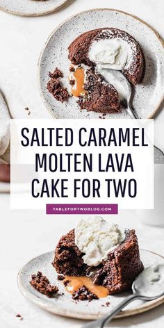 salted caramel molten lava cake for two on a plate with spoons