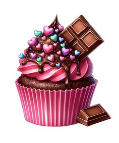 a pink cupcake with chocolate and hearts on top