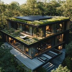 Luxury home with a green roof, solar panels, and modern energy-efficient architecture nestled in nature. Join our private Facebook group for more sustainable luxury design inspiration. Solar Panels Roof Design, Sustainable House Design Eco Friendly, Solar Panel Roof Design, Solar Panels On Roof, Hack My Home, Sustainable Houses, Conceptual Model, Home Library Decor, Sustainable House Design