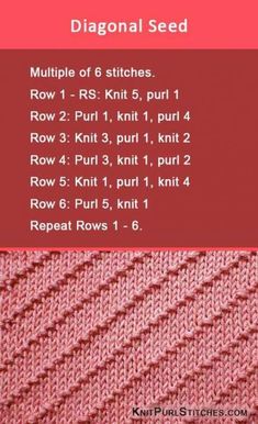 the instructions for how to knit a diamond pattern on a red background with text that reads diagonal