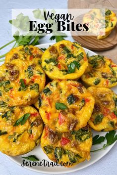 A plate with vegan egg muffins and herbs. Vegan Egg Cups, Vegan Tofu Egg Bites, Vegan Egg Bites Muffin Tins, Tofu Egg Bites, Frittata Bites, Vegan Breakfast Muffins, Vegan Frittata