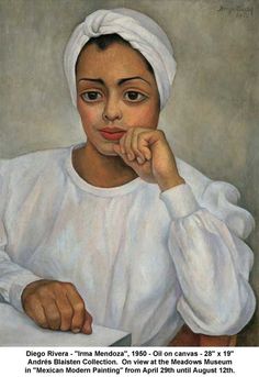 a painting of a woman in white holding a knife and looking at the camera with her hand on her chin