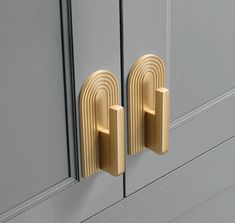 two golden handles on the front of a gray door