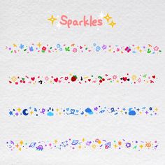 the words sparkles are written in different colors and shapes on white paper with stars