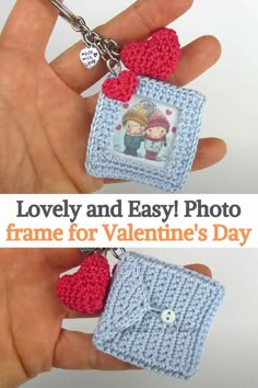 two crocheted keychains with hearts attached to them, one is blue and the other is red