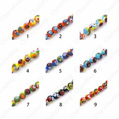 six different types of beads with numbers on them