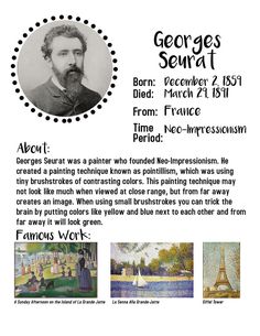 the flyer for george seurat's exhibition in paris, with pictures of his famous paintings