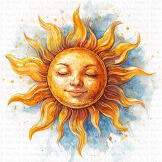 a watercolor painting of a sun with its eyes closed and it's face in the center