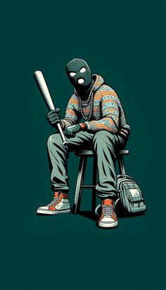 a person sitting on a stool with a baseball bat in their hand and a bag