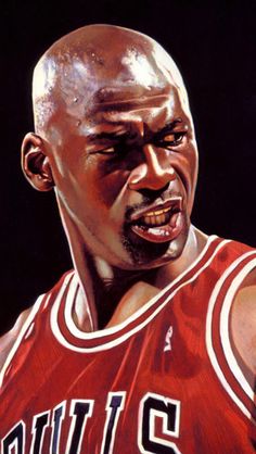 a painting of a basketball player with his mouth open and eyes wide open, looking angry