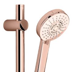 the shower head and arm is shown in rose gold