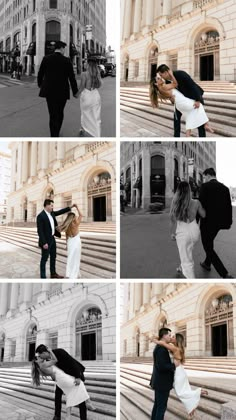 a couple kissing in front of some steps