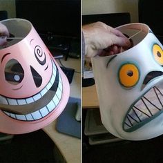 two pictures of the same mug with different faces on it, one is being painted