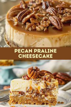 pecan praline cheesecake with pecans on top